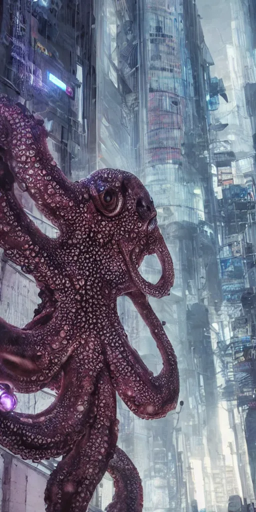 Image similar to hyperrealism, detailed textures, photorealistic 3 d cyberpunk octopus in apocalyptic city, futuristic clothing and helmet, ultra realistic, cinematic, intricate, cinematic light, unreal engine 8 k