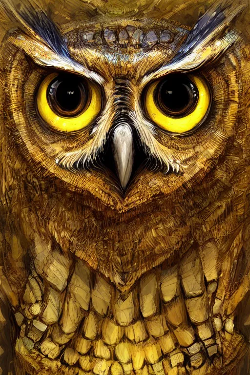 Prompt: humanoid figure owl faced monster, symmetrical, highly detailed, digital art, sharp focus, amber eyes, moss, trending on art station
