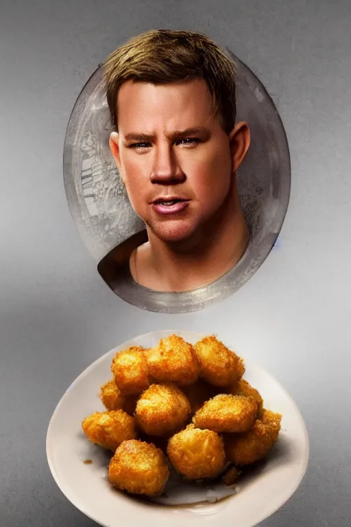 Image similar to a tater tot on a plate with channing tatum face, intricate, 8 k highly professionally detailed, hdr, cgsociety