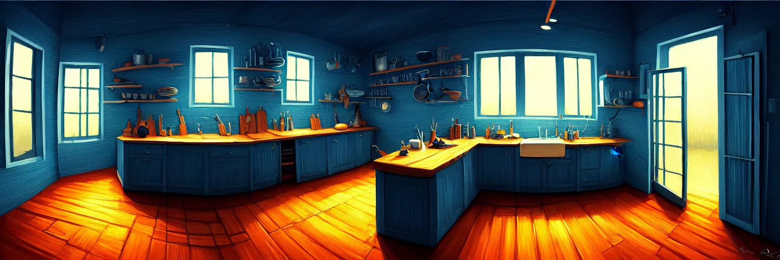 Prompt: fisheye spiral lines, naive, extra narrow, detailed illustration of a nightly kitchen, large floor, dimly lit by rhads, trending artstation, wood texture, dark blue palette