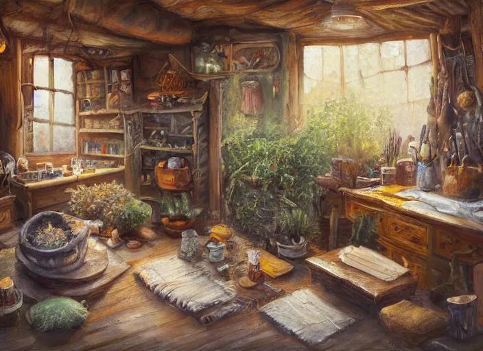 Image similar to rustic oil painting, interior view of a cluttered herbalist cottage, waxy candles, wood furnishings, herbs hanging, light bloom, dust, ambient occlusion, rays of light coming through windows, oil painting