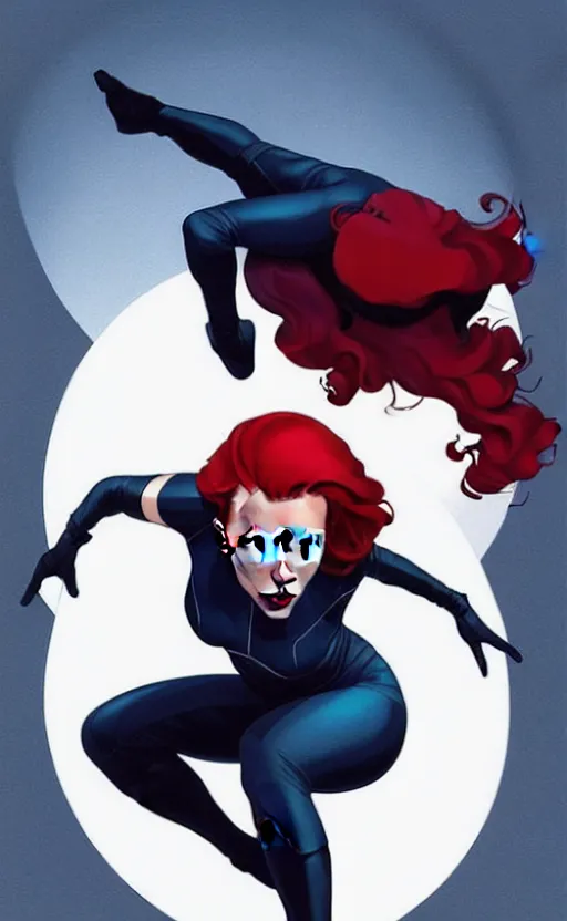 Image similar to rafeal albuquerque comic art, joshua middleton comic art, artgerm, cinematics lighting, night time, pretty scarlett johansson black widow, big smirk, symmetrical face, symmetrical eyes, long red hair, full symmetrical body, flying in the air, jumping off rooftop