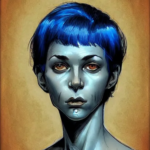 Prompt: intricate portrait, pure skin, short blue hair, in the style of enki bilal!