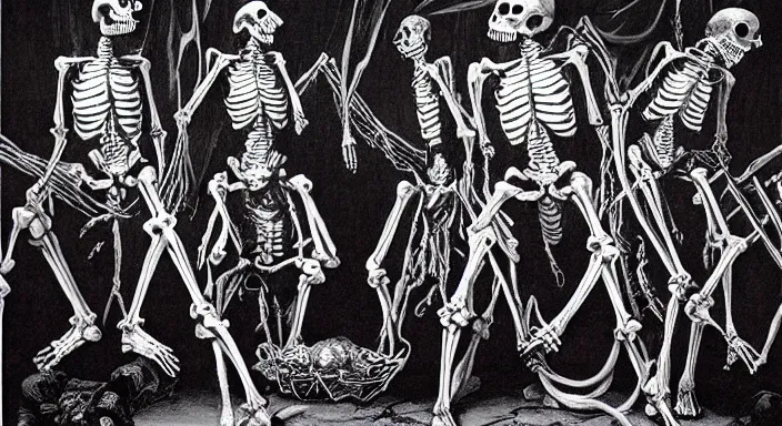 Image similar to photo of undead skeletons performing a sacred blasphemous mind-bending ritual, style of Wayne Barlowe, lavish rococo baroque setting, fashion-photography, unholy ceremony, sacrilegious rite, evil, menacing, ominous, threatening, sinister, malevolent. Highly-detailed, photographic, cinematic, dramatic, establishing shot