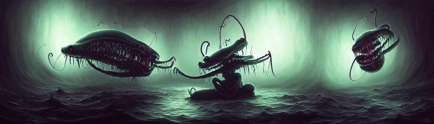 Prompt: strange whimsical demon plankton from the depths of the collective unconscious, dramatic lighting, detailed and atmospheric surreal darkly painting by ronny khalil