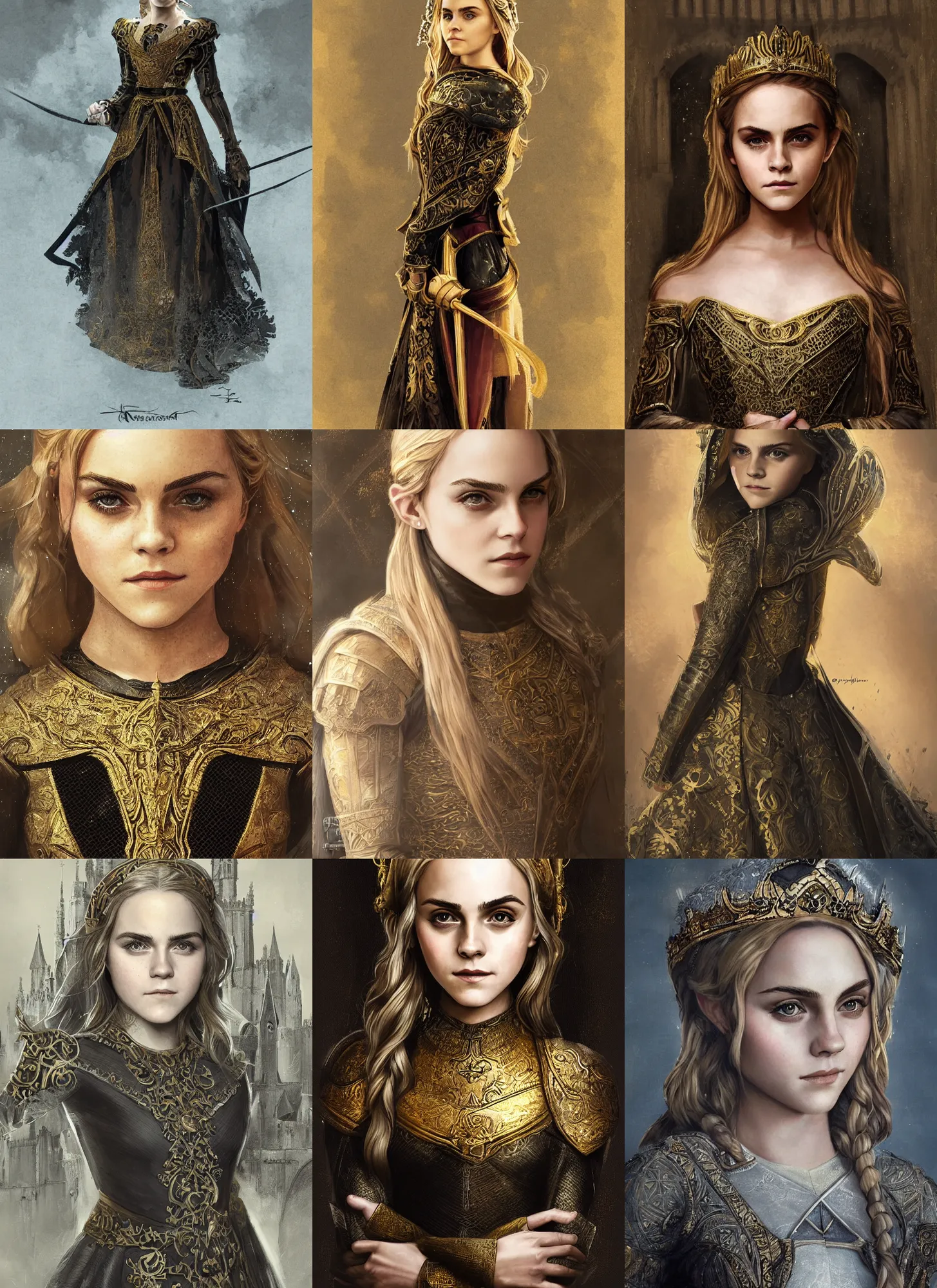 Prompt: annasophia robb emma watson symmetrical portrait as 1 0 yo medieval princess, golden and black dress, intricate, elegant, highly detailed, digital painting, artstation, concept art, sharp focus, illustration, art by aleksi briclot, rutkowski