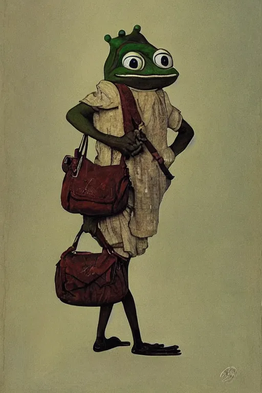 Prompt: pepe the frog on his way to school, painted by norman rockwell