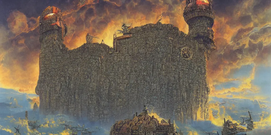 Image similar to artwork of the twin fortress by terry oakes, by erol otus