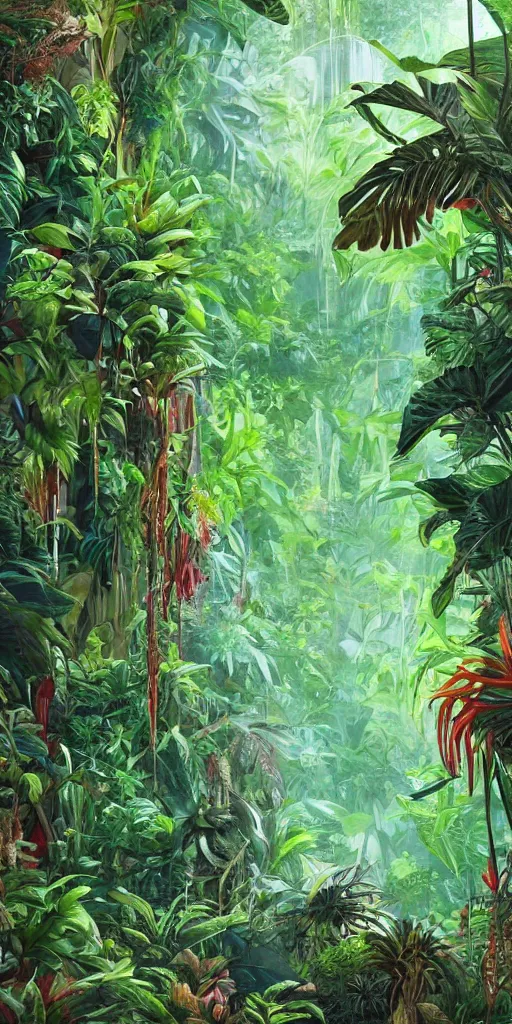 Image similar to deep in the jungle with exotic plant life, tropical plants, natural botanical gardens, vines, acrylic painting, artstation, concept art, award winning,