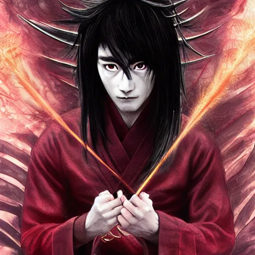 Image similar to demon martial artist, handsome japanese demon boy, young adult yokai with long spiky black hair, vampire, vantablack gi, simple clothes, ultra realistic, intricate details, highly detailed, subsurface scattering, photorealistic, octane render, 8 k, art by artgerm, greg rutkowski, magali villeneuve, alphonse mucha