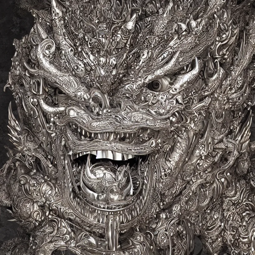 Prompt: highly detailed 3 d art depicting barong, the balinese demon in a retrofuturistic style. reflective metal, detailed textures, smooth lighting. dark background.