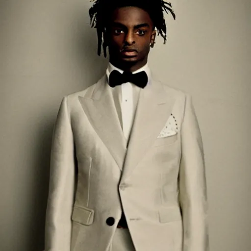 Prompt: playboi carti wearing a elegant suit, daguerrotype