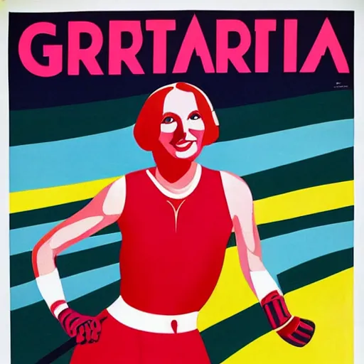 Image similar to a 1 9 2 8 colorful poster. happy, healthy, smiling, sporty, glowing greta garbo in athletic wear.