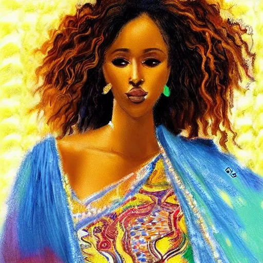 Prompt: brown skinned somali woman, curly hair, somali attire, dreamy, impressionist, figurative