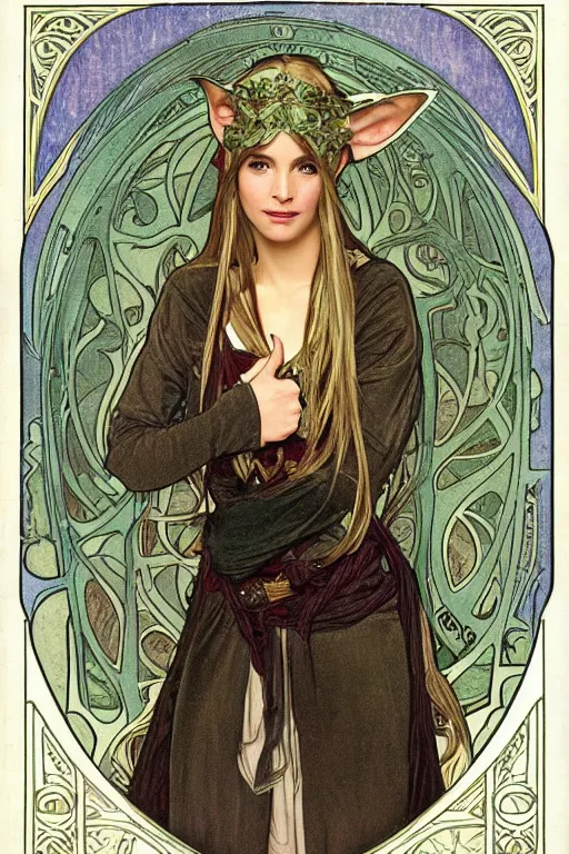 Image similar to A female Sindarin elf in the style of Alphonse Mucha