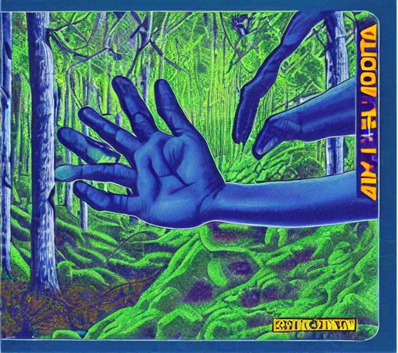 Image similar to snes cartrige cover art of a blue glitchy hand in the forest