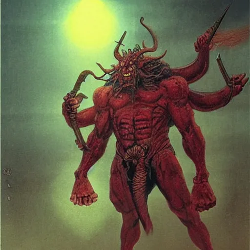 Prompt: raijin demon concept, horned, bulky body, beksinski