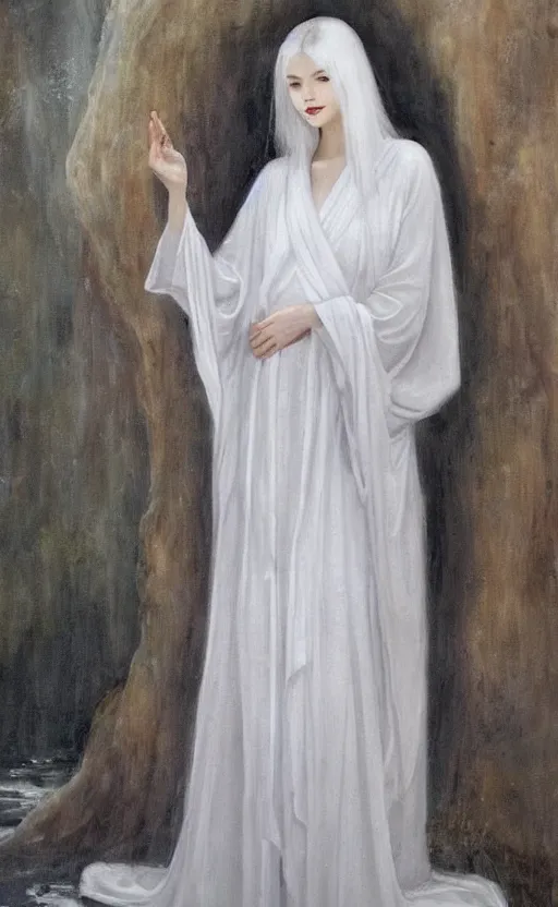 Image similar to angelic beauty with silver hair so pale and wan! and thin!?, flowing robes, covered in robes, lone pale asian white goddess, wearing robes of silver, flowing, pale skin, young cute face, covered!!, clothed!! lucien levy - dhurmer, jean deville, oil on canvas, 4 k resolution, aesthetic!, mystery