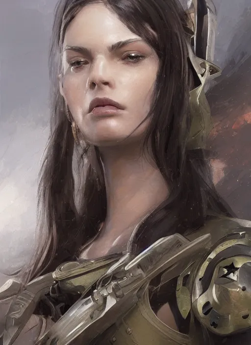 Image similar to a professionally painting of an attractive young female, partially dressed in military armor, olive skin, long dark hair, beautiful bone structure, perfectly proportioned, symmetrical facial features, intricate, elegant, heroic pose, digital painting, concept art, illustration, sketch-like, sharp focus, finely detailed, from Metal Gear, by Ruan Jia and Mandy Jurgens and William-Adolphe Bouguerea, trending on Artstation, award winning