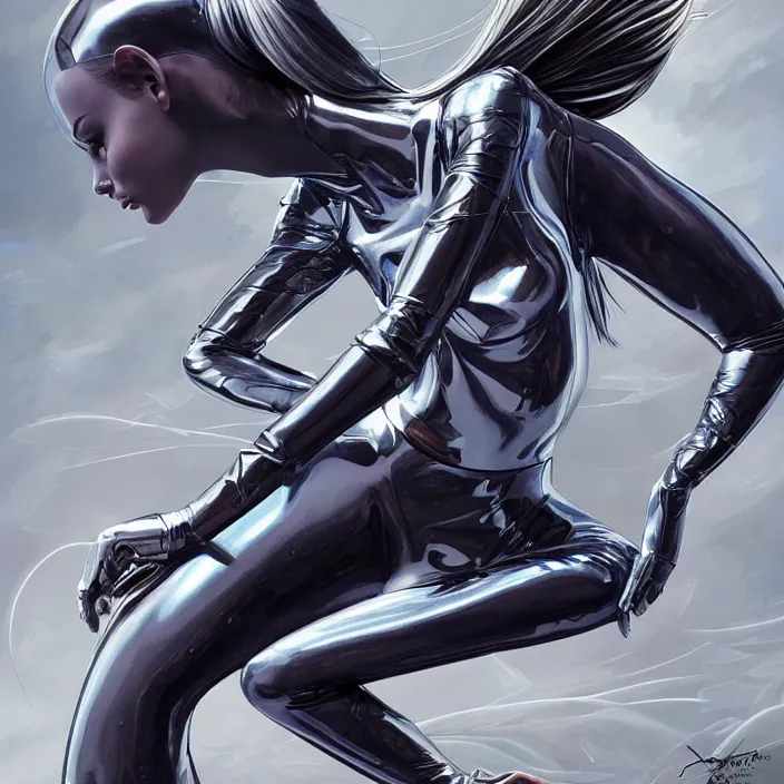 Prompt: aerodynamic princess cyborg, full body, high fashion, latex, urban, sharp, flowing, slick, highly detailed, motion, concept art, metallic, smooth, sharp focus, hd, art by greg rutkowski and alex grey and annie leibovitz