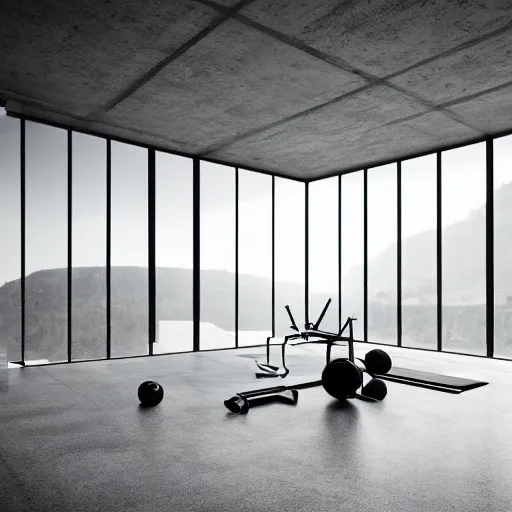 Image similar to brutalist open space home gym, big windows, showing nature landscape on background, minimalist architecture, minimalist furniture, octane render, high quality, 8 k, post production