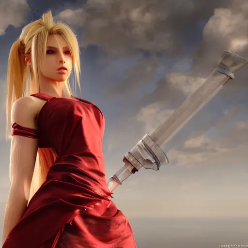 Image similar to epic scene of very attractive final fantasy vii female character, detail face, lovely eyes and detailed lips, with amazing detail red dress, feet in high heels, side view ) ( fighting ) hyper realistic 3 d render, art station, particles, epic scene, mucha, clouds, seductive jump pose, blur focus, action,