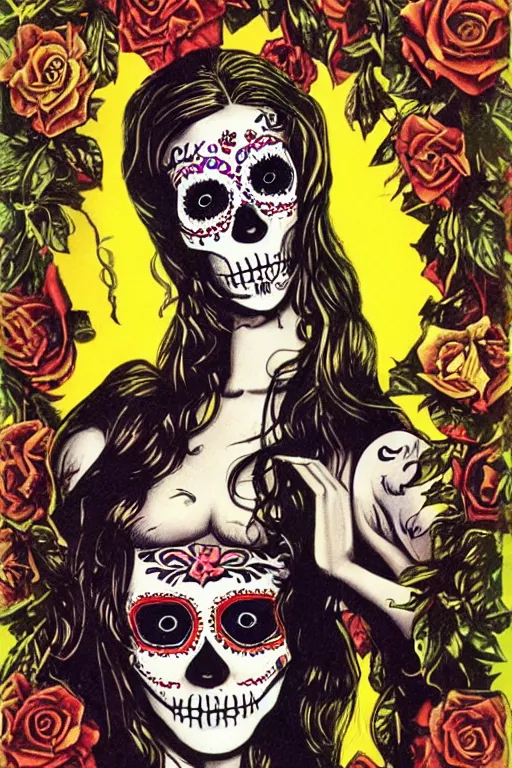 Prompt: Illustration of a sugar skull day of the dead girl, art by Richard Corben