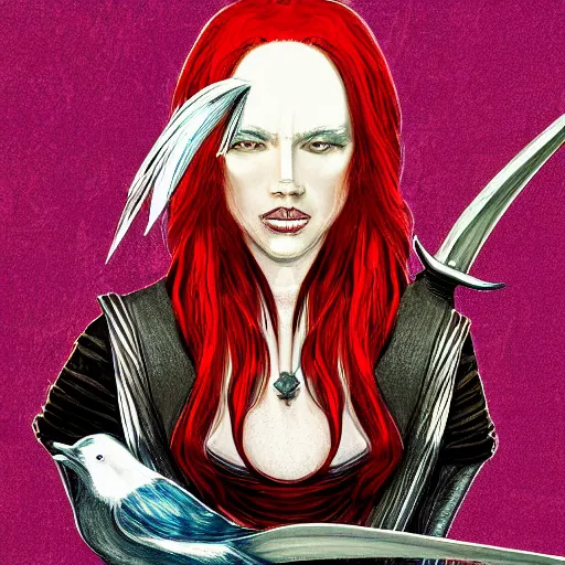 Prompt: Digital painting of a red haired rogue duel wielding scimitars on the helm of a boat with a spectral bird on her shoulder