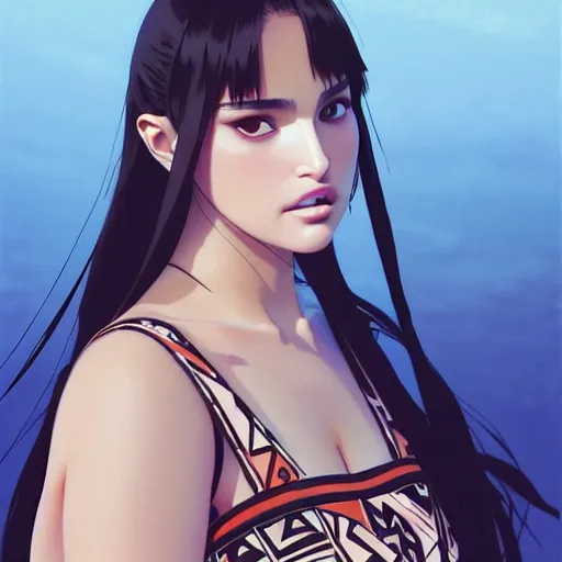 Image similar to a beautiful plus sized model japanese natalie portman, alluring plus sized model with brown skin, wearing mayan leotard with overalls, street fashion hip hop style with mayan patterns, aztec street fashion, gapmoe yandere grimdark, trending on pixiv fanbox, painted by greg rutkowski makoto shinkai takashi takeuchi studio ghibli, akihiko yoshida