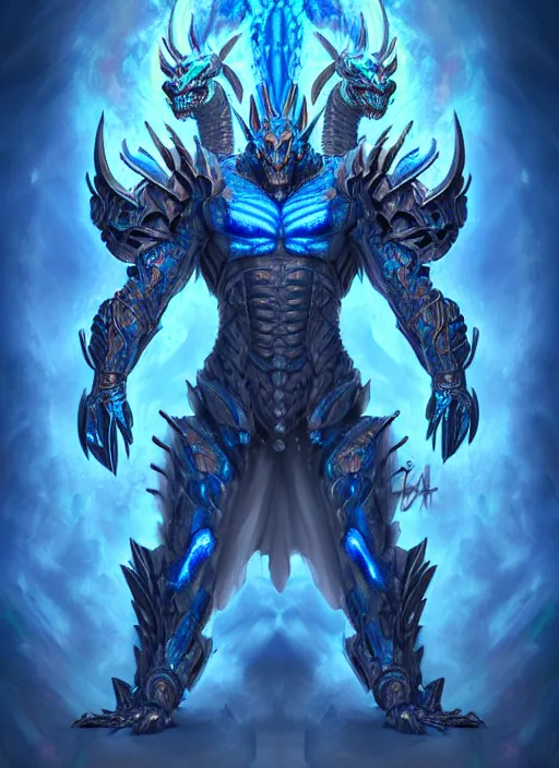 Image similar to muscular and tall blue ghostly fire humanoid dragon!!!! draconian!! intricate ornate iridescent heavy armor!! character concept art, sharp focus, octane render! unreal engine 5! highly rendered!! trending on artstation!! detailed linework!! illustration by artgerm, wlop, and chie yoshii