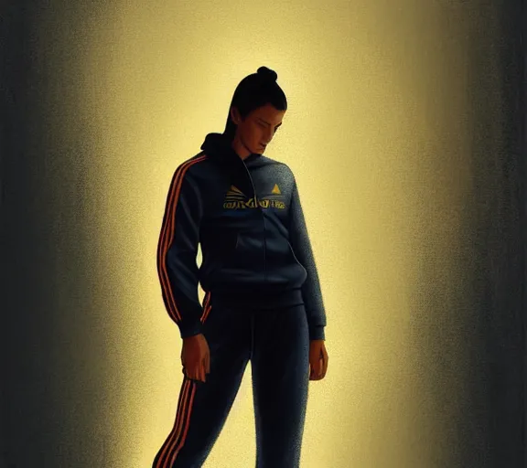 Image similar to portrait of slav heroine wearing an addidas tracksuit with a phone in hand. illuminated phone screen, by greg rutkowski and wlop, detailed, cinematic, 8 k, intricate, rule of thirds.