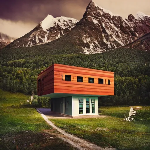 Image similar to wes anderson style modern futuristic house near the lake, snowy mountains and green forest, cinematic, realism, photo, detailed