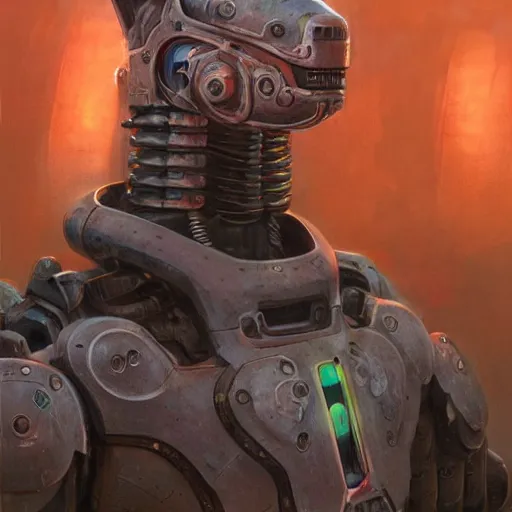 Image similar to cyborg techno power armor, realistic anthropomorphic shiba inu, fantasy science fiction, cyborg techno power armor glowing electric aura, by donato giancola and greg rutkowski and wayne barlow and zdzisław beksinski, realistic face, visible face, digital art, artstation, symmetry