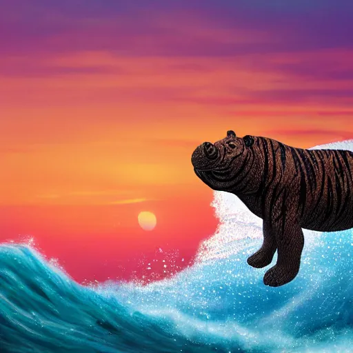 Prompt: a closeup photorealistic photograph of a knitted tiger hippopotamus riding a large wave during sunset. surf in the background. professional capture. brightly lit scene. this 4 k hd image is trending on artstation, featured on behance, well - rendered, extra crisp, features intricate detail, epic composition and the style of unreal engine.