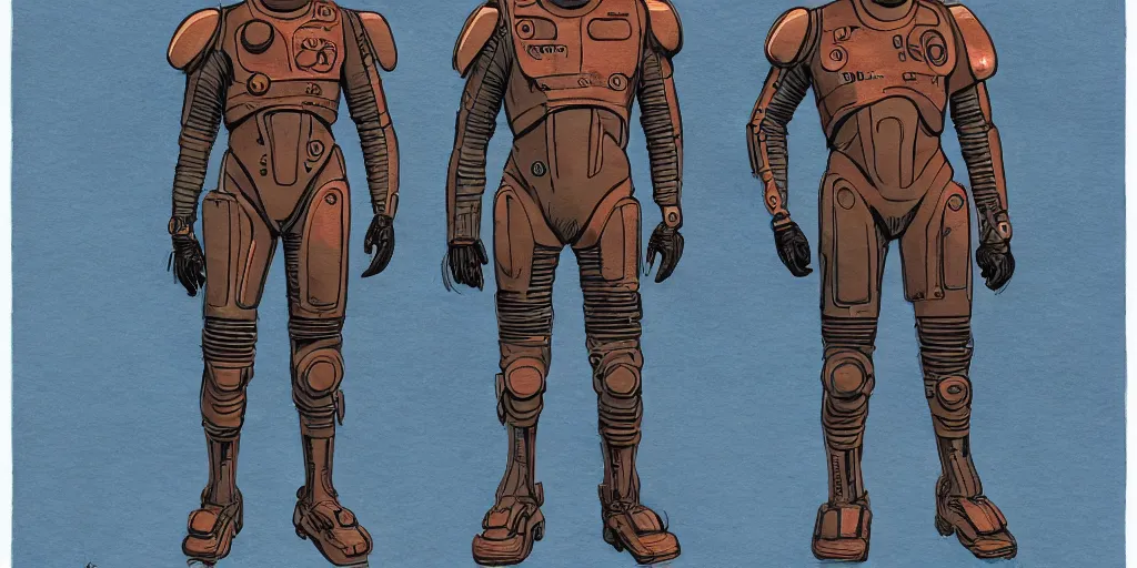 Image similar to male, full body, wide shot, modern space suit, intriguing helmet, stylized character design, the expanse tv series, large shoulders, short torso, long thin legs, tiny feet, science fiction, hyperdetailed, technical suit, dieselpunk, watercolor digital painting, in the style of mike mignola, in the style of bruce timm, by alex maleev