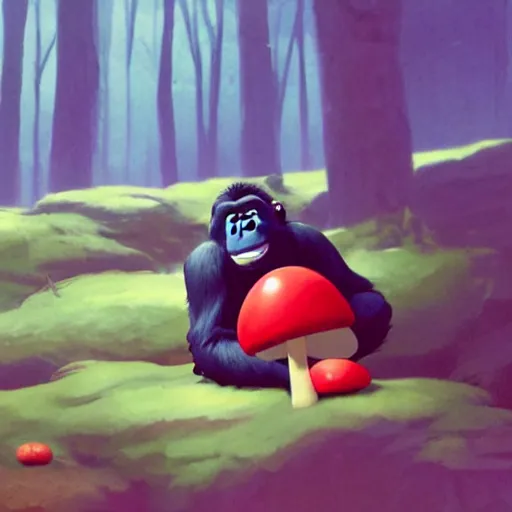 Prompt: a wholesome animation key shot of a gorilla holding a very small red mushroom, chilled out smirk on face, listening to music, jeep in background, studio ghibli, pixar and disney animation, sharp, rendered in unreal engine 5, anime key art by greg rutkowski, bloom, dramatic lighting