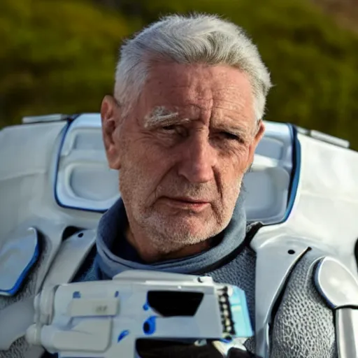 Prompt: close up photograph of an old man who is a veteran of many futuristic wars with short gray hair and blue eyes. he is wearing a white futuristic suit of heavy combat armor and holding a blaster in one hand and a plaster plazma - proof shield in the other. the backdrop is of a rolling grassy plain with mountains in the distance.