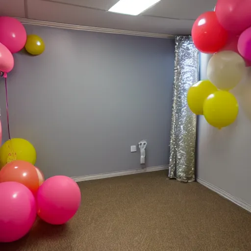 Image similar to photo of the backrooms with balloons