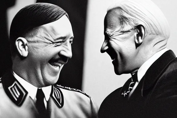 Image similar to “ very very intricate photorealistic photo of hitler and joe biden laughing together, detailed natural lighting, award - winning crisp details ”