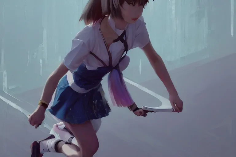 Image similar to A ultradetailed beautiful panting of a stylish woman in a maid outfit skateboarding, Oil painting, by Ilya Kuvshinov, Greg Rutkowski and Makoto Shinkai