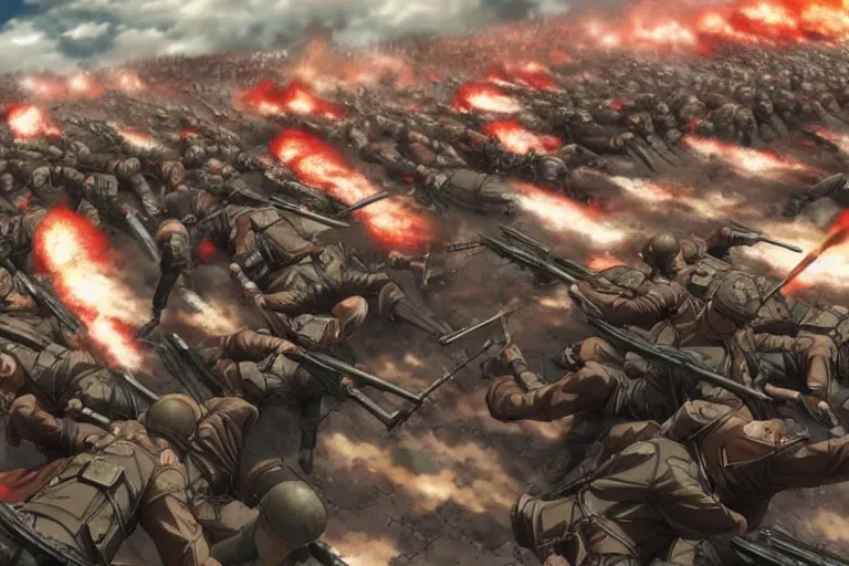 Prompt: A still of soviet troops advancing under fire in Attack On Titan Anime Series, 8k Resolution.