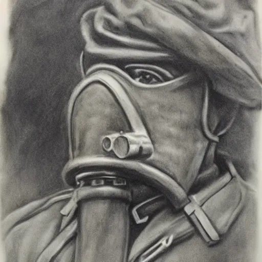 Image similar to charcoal portrait of a ww 1 soldier waering a gas mask