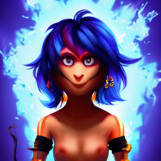 Image similar to monkey with fiery blue and black hair , rim lighting , digital art , artstation , 4k , HD