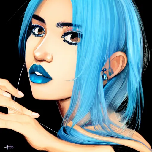 Image similar to full face shot of rimuru tempest, sky blue straight hair, long bangs, with amber eyes, wearing a fancy black jacket, high collar, ultra detailed, brush strokes, digital painting, cinematic, wlop artstation, closeup, pixiv, intense, intimidating glare, photorealistic, overpowering, andy warhol,