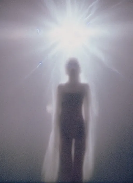 Image similar to a symmetrical female astral projection, liquid glowing aura, heavenly, film grain, cinematic lighting, experimental film, shot on 1 6 mm