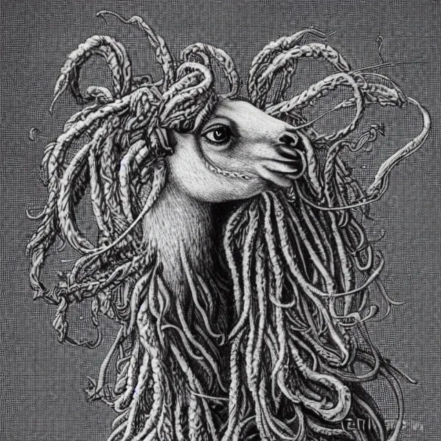 Image similar to llama with dreadlocks, by ernst haeckel, artgerm, james jean