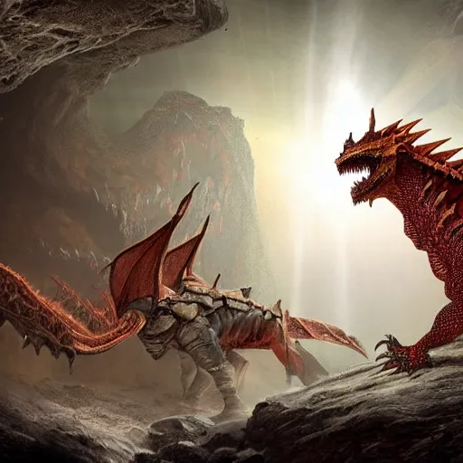 Image similar to photo of an armored knight confronting a large red scaly dragon sleeping on a mountain of human bones in a dark dusty cave with a ray of light shining on it\'s face. The knight is very small in comparison to the dragon. The cave is full with sparkling gemstones and gold. Very detailed 8k. fantasy