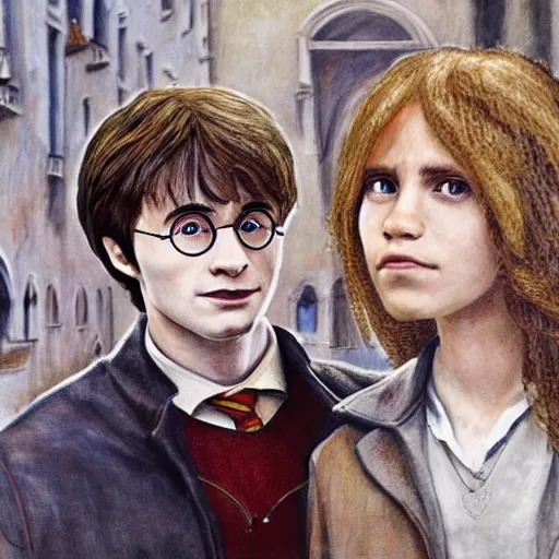 Prompt: Harry Potter Ron and Hermione in Venice, drawn by Mikhail Vrubel, hyper realistic face, symmetrical face, beautiful eyes,