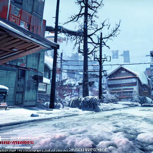 Image similar to Sapporo in the winter in ruins post-nuclear war in Fallout 4, in game screenshot