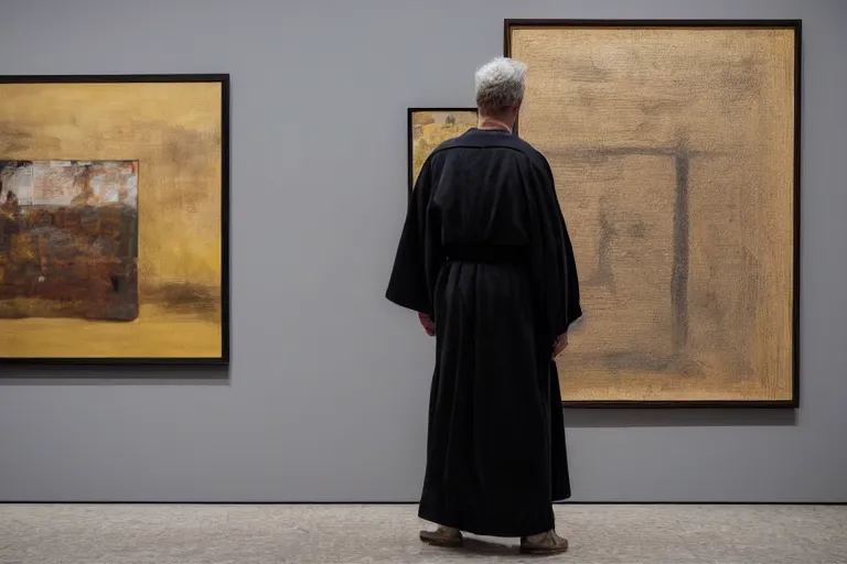 Prompt: back view of a man wearing old weathered robe in front of the framed painting in the minimalistic modern art gallery, by rutkovski and stalenhag and david lynch